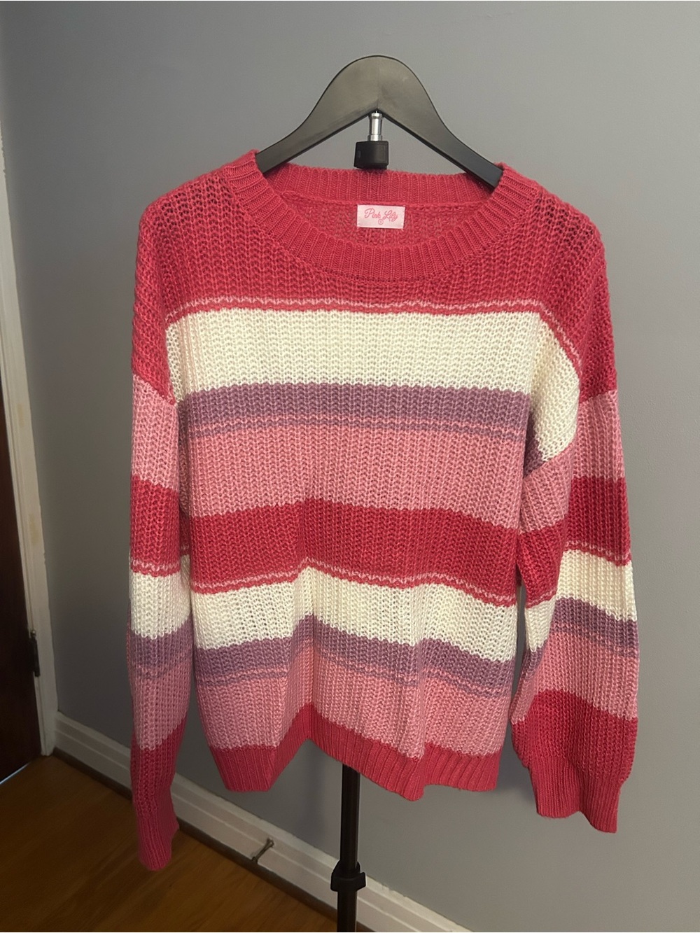 Pink Lily Pink, Cream & Purple Striped Crewneck Sweater